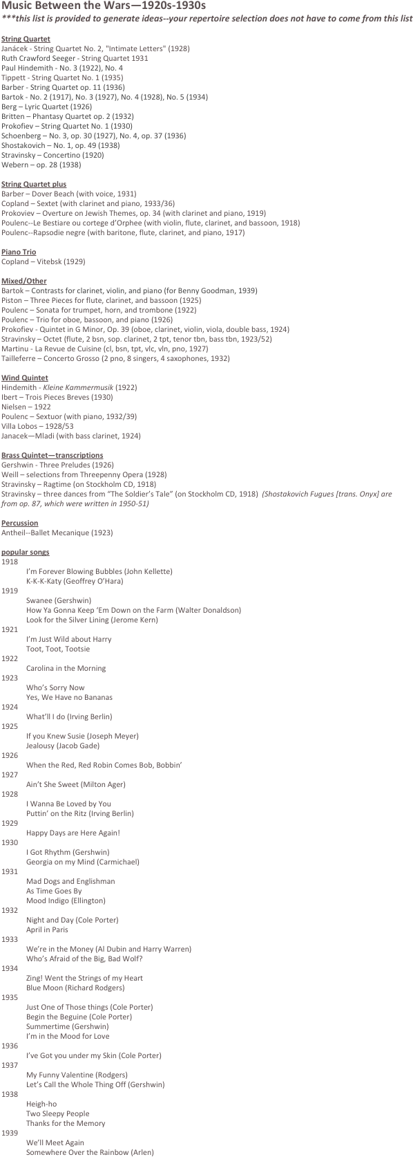 music between the wars 1920s 1930s this list is provided to copland list of works